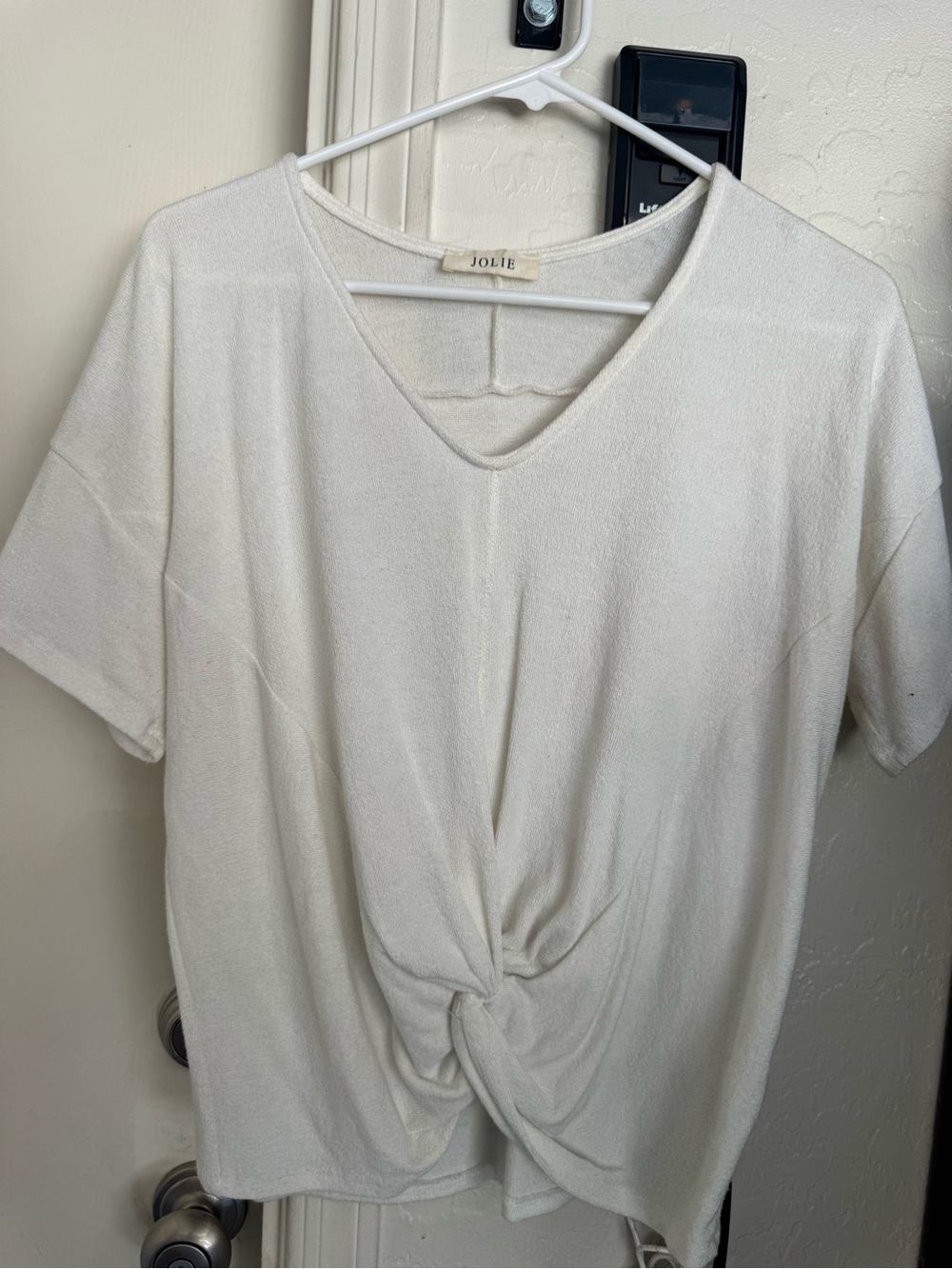 Jolie Cream Short-Sleeve V-Neck Top with Front Knot